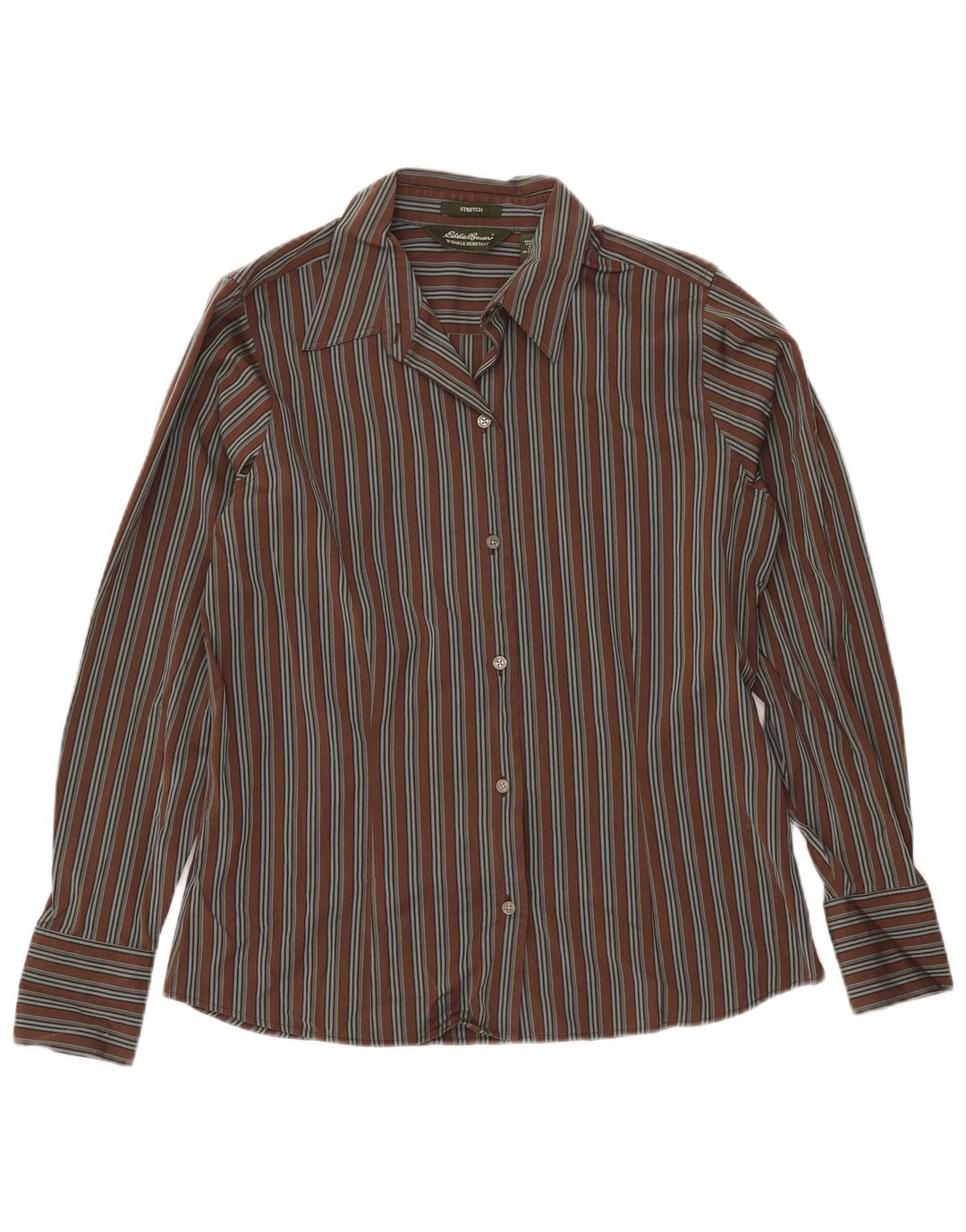 Eddie Bauer Womens Tall Shirt UK 16 Large Brown Striped Cotton