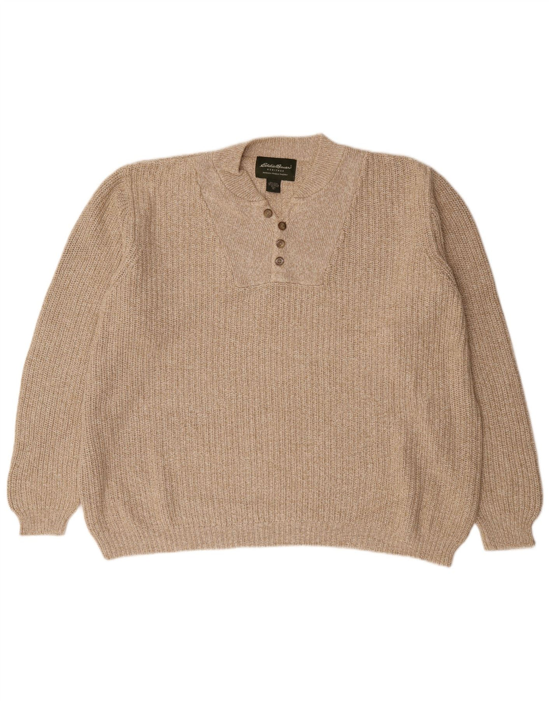Eddie Bauer Mens Tall Button Neck Jumper Sweater XL Beige Cotton