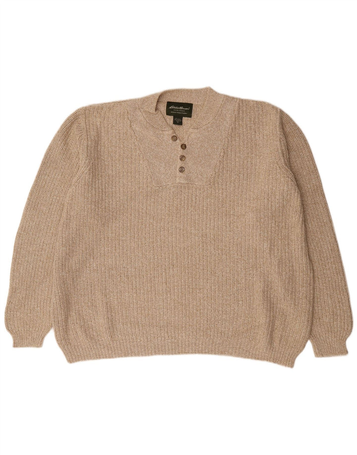 Eddie Bauer Mens Tall Button Neck Jumper Sweater XL Beige Cotton
