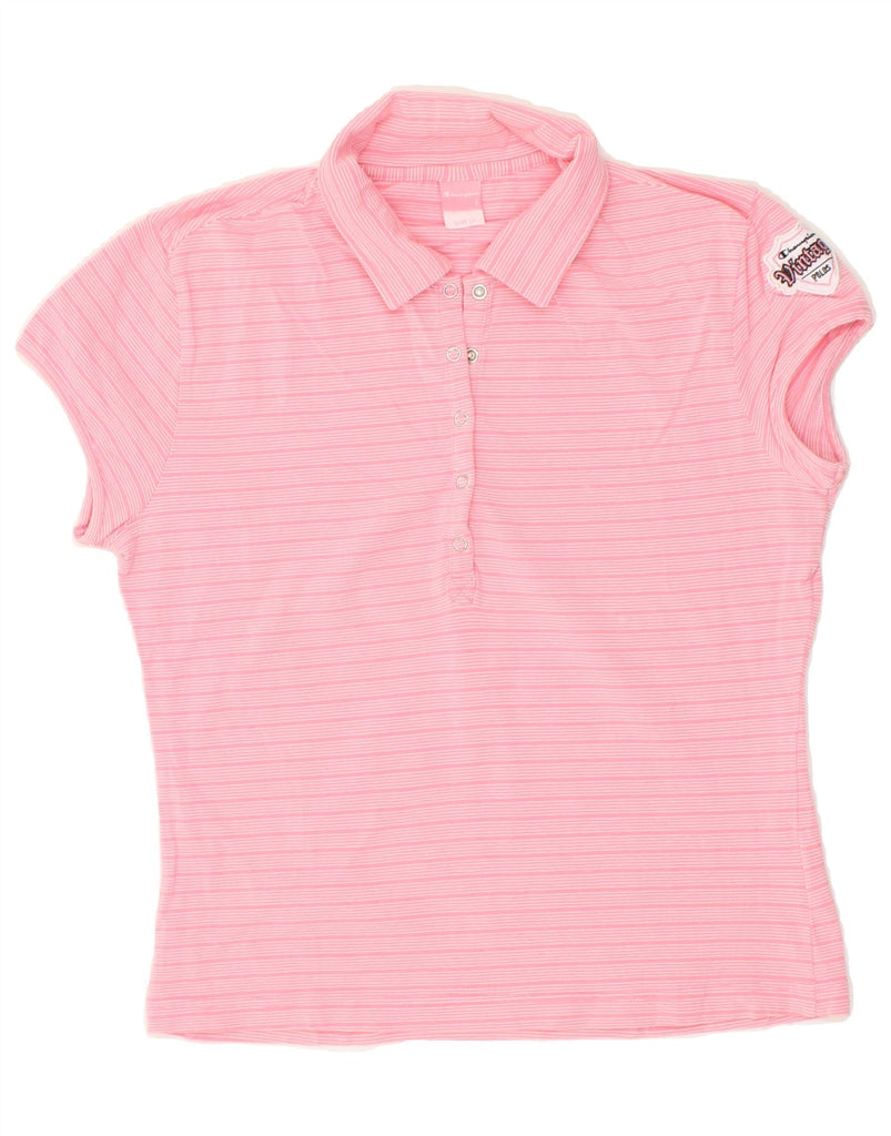 CHAMPION Womens Slim Fit Polo Shirt UK 14 Large Pink Striped Cotton Vintage Champion and Second-Hand Champion from Messina Hembry 