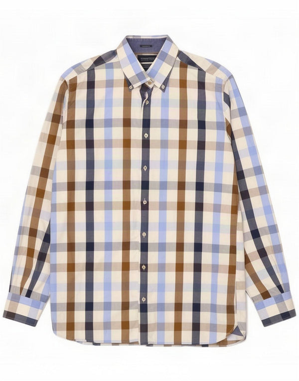 Thomas Maine Mens Tailored Fit Shirt Size 41/42 Large Blue Plaid Cotton