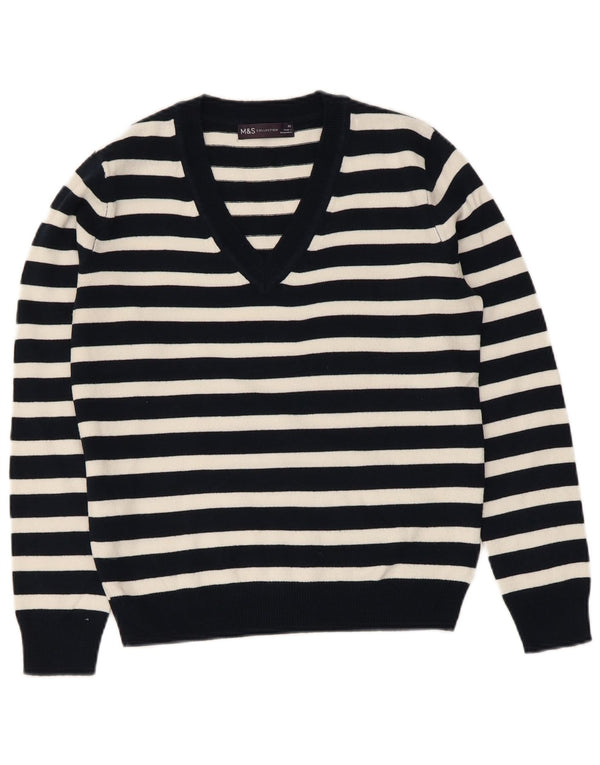 Marks & Spencer Womens V-Neck Jumper Sweater UK 6 XS Black Striped Acrylic