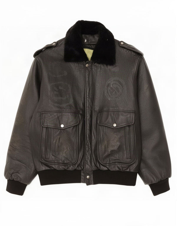 Vintage Mens Military Leather Jacket UK 40 Large Black