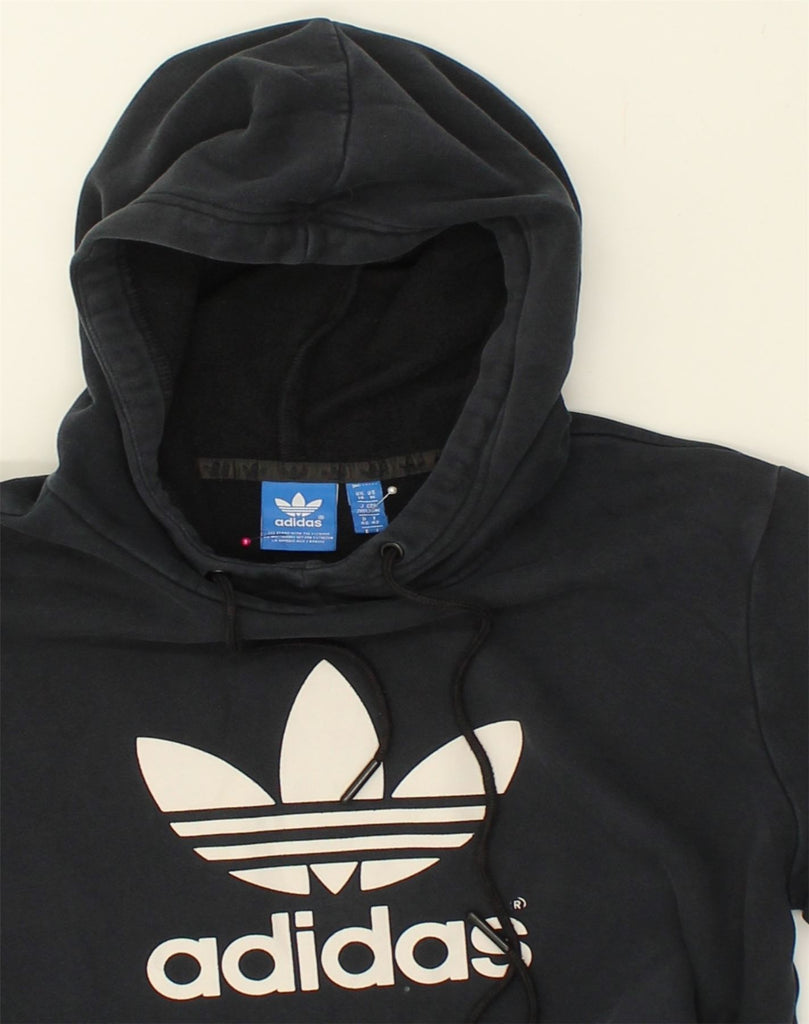 ADIDAS Womens Graphic Hoodie Jumper UK 14 Large Navy Blue Cotton | Vintage Adidas | Thrift | Second-Hand Adidas | Used Clothing | Messina Hembry 