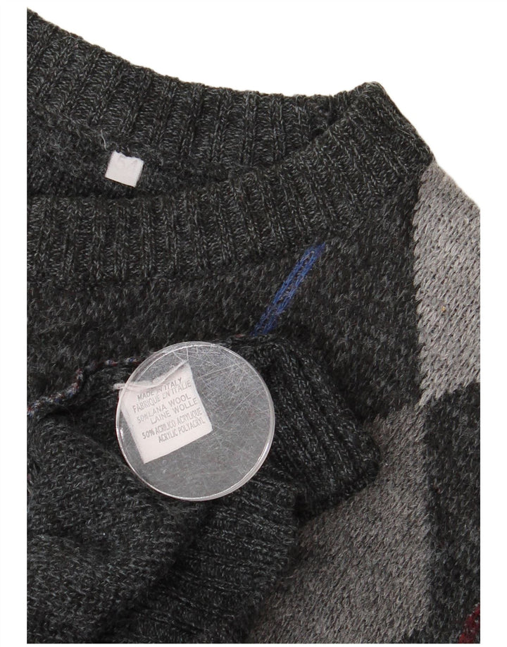 Vintage Mens Crew Neck Jumper Sweater IT 54 XL Grey Argyle/Diamond Wool