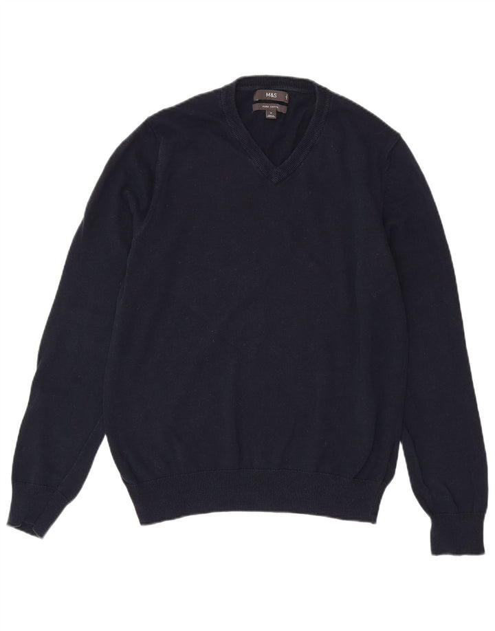 Marks & Spencer Mens V-Neck Jumper Sweater Medium Navy Blue Cotton