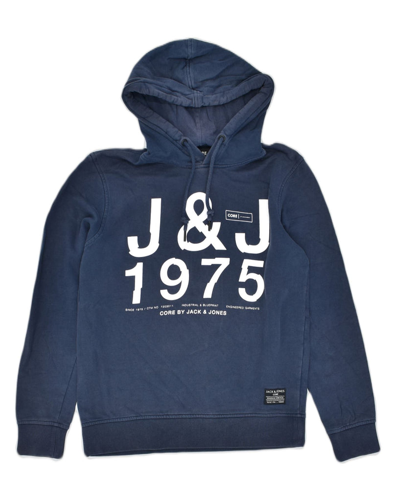 JACK & JONES Mens Core Graphic Hoodie Jumper Small Navy Blue Cotton | Vintage | Thrift | Second-Hand | Used Clothing | Messina Hembry 