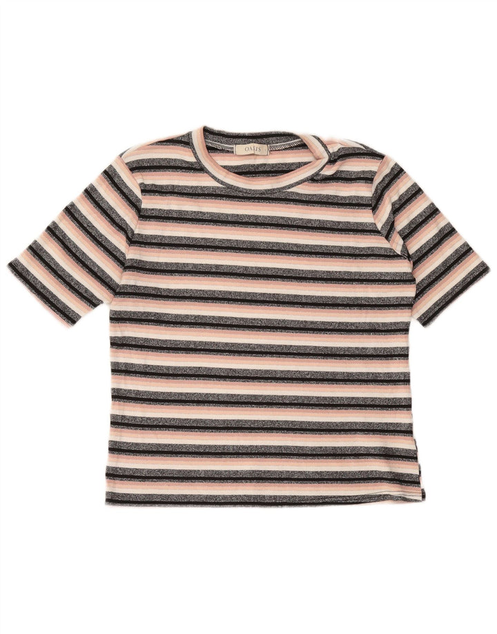 OASIS Womens Crop T-Shirt Top UK 14 Large Black Striped Viscose