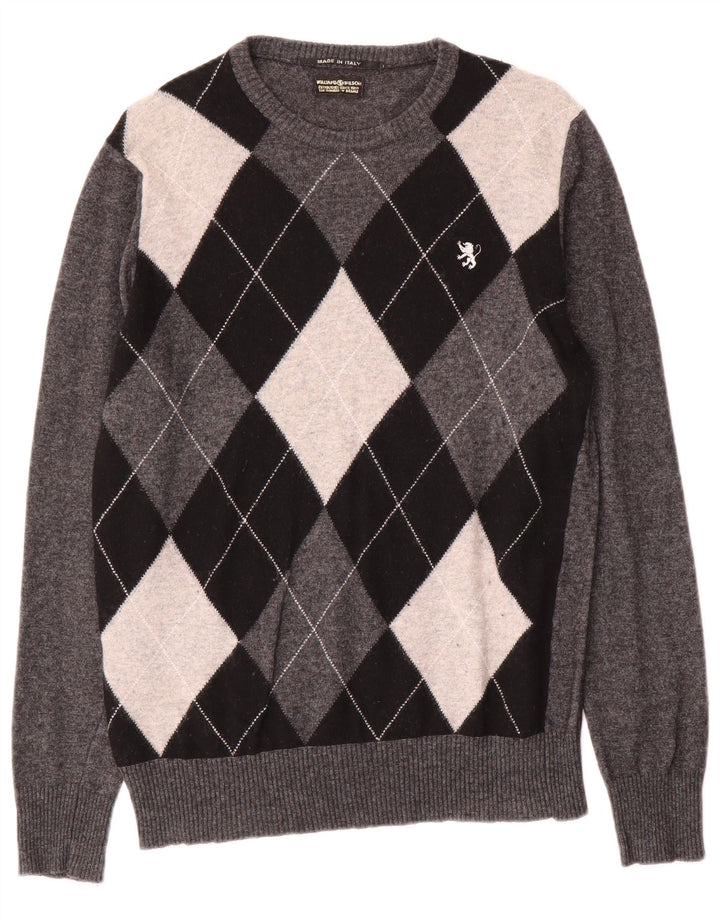 WILLIAMS WILSON Mens Crew Neck Jumper Sweater Large Grey Argyle/Diamond