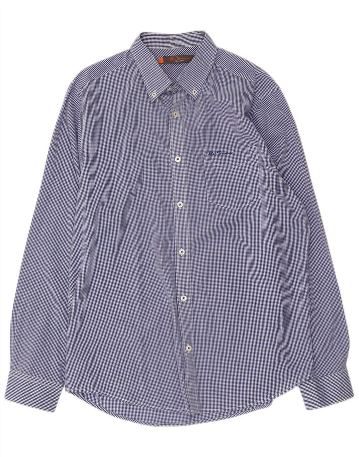 BEN SHERMAN Mens Grant Fit Shirt Large Blue Gingham Cotton
