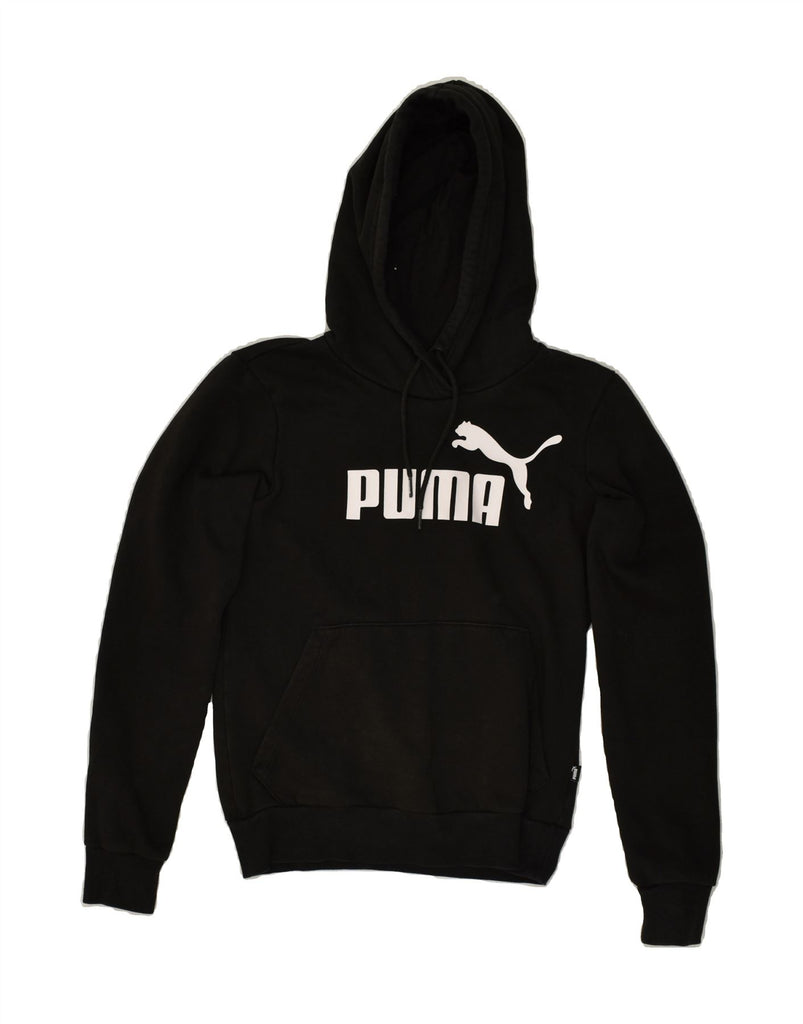 PUMA Womens Graphic Hoodie Jumper UK 6 XS Black Cotton | Vintage Puma | Thrift | Second-Hand Puma | Used Clothing | Messina Hembry 