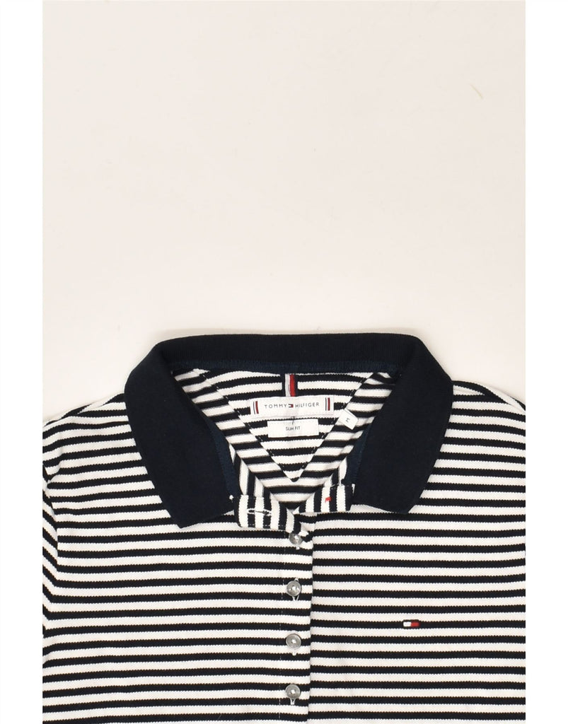 TOMMY HILFIGER Womens Slim Fit Polo Shirt UK 12 Medium Navy Blue Striped | Vintage Tommy Hilfiger | Thrift | Second-Hand Tommy Hilfiger | Used Clothing | Messina Hembry 