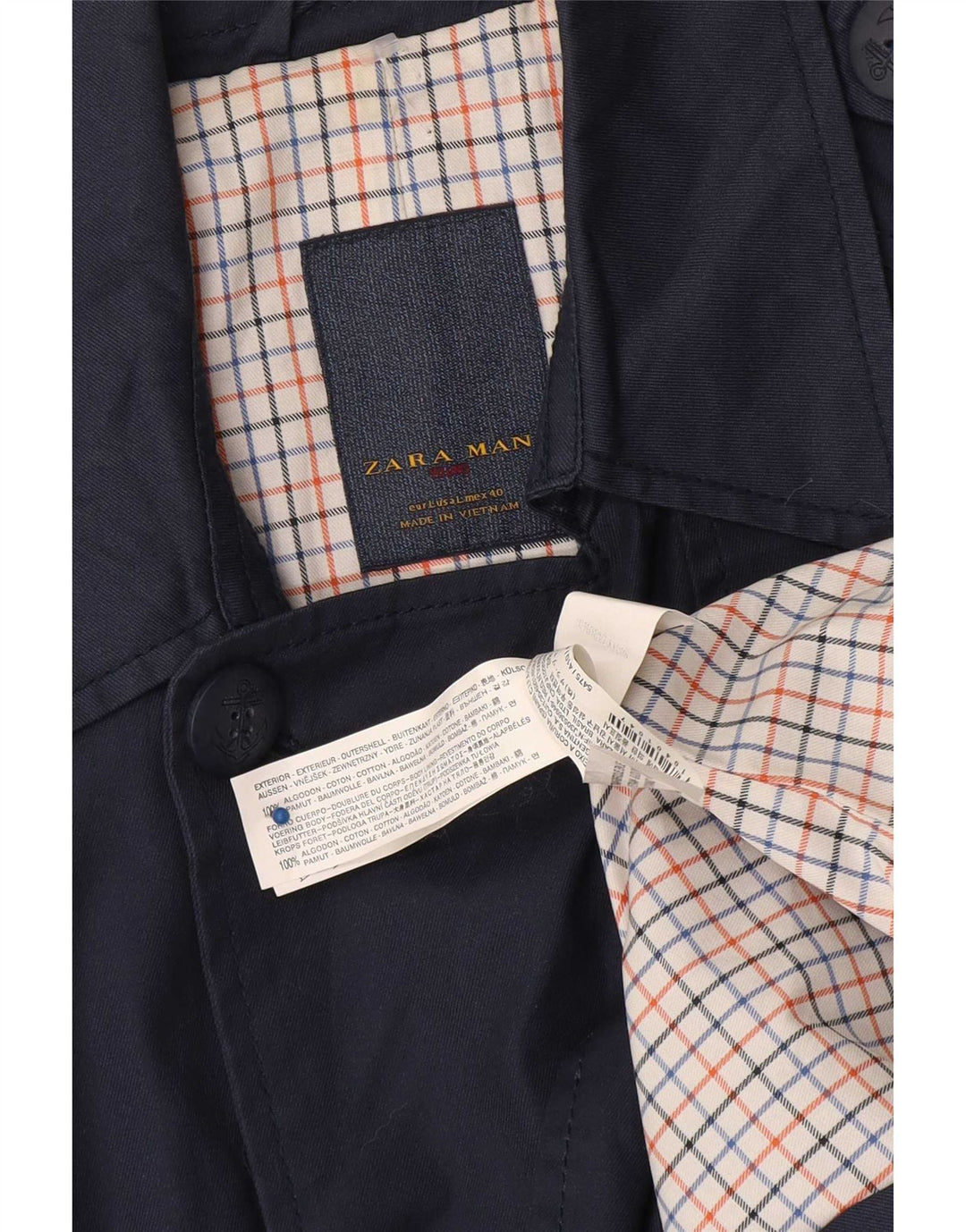 Zara Mens Trench Coat UK 40 Large Navy Blue Cotton