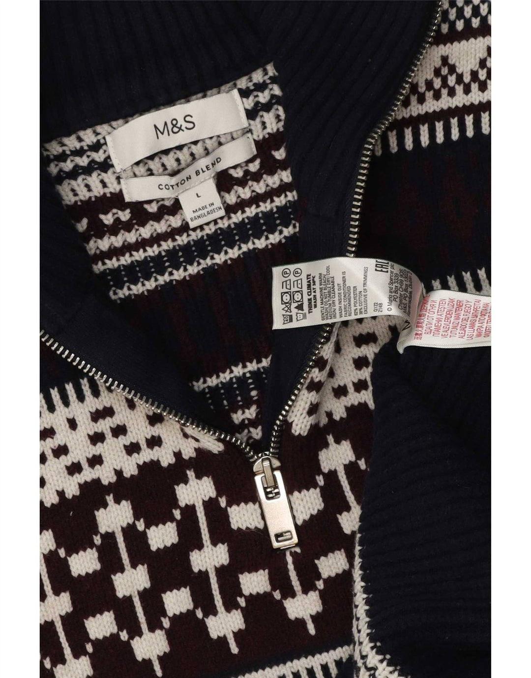 Marks & Spencer Mens Zip Neck Jumper Sweater Large Navy Blue Fair Isle