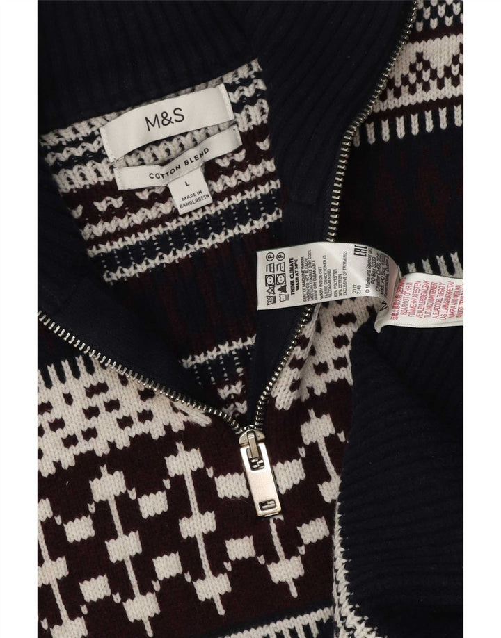 Marks & Spencer Mens Zip Neck Jumper Sweater Large Navy Blue Fair Isle
