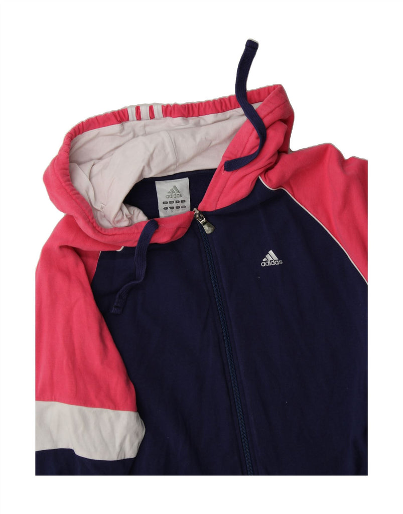 ADIDAS Womens Zip Hoodie Sweater UK 12 Medium Navy Blue Colourblock Cotton Vintage Adidas and Second-Hand Adidas from Messina Hembry 