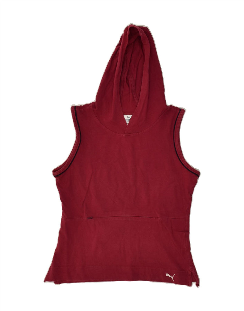 PUMA Womens Hooded Vest Top UK 12 Medium Maroon Cotton | Vintage Puma | Thrift | Second-Hand Puma | Used Clothing | Messina Hembry 