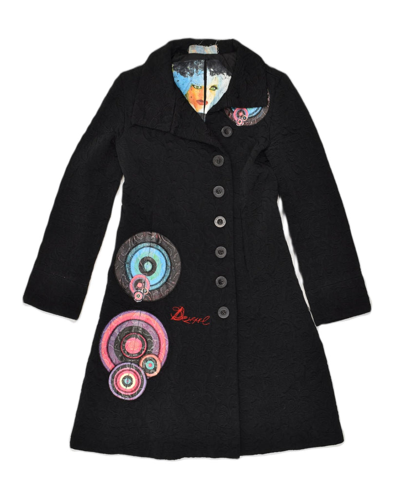 DESIGUAL Womens Graphic Overcoat EU 38 Medium Black Patchwork Cotton | Vintage Desigual | Thrift | Second-Hand Desigual | Used Clothing | Messina Hembry 