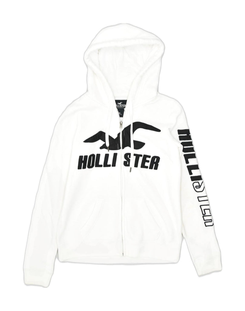 HOLLISTER Womens Graphic Zip Hoodie Sweater UK 6 XS White Cotton | Vintage Hollister | Thrift | Second-Hand Hollister | Used Clothing | Messina Hembry 