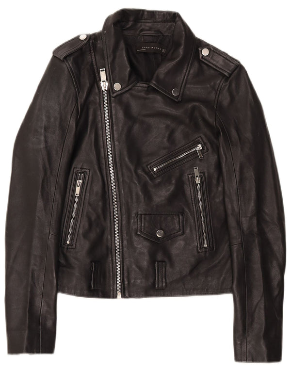 Zara Womens Leather Biker Jacket UK 12 Medium Black