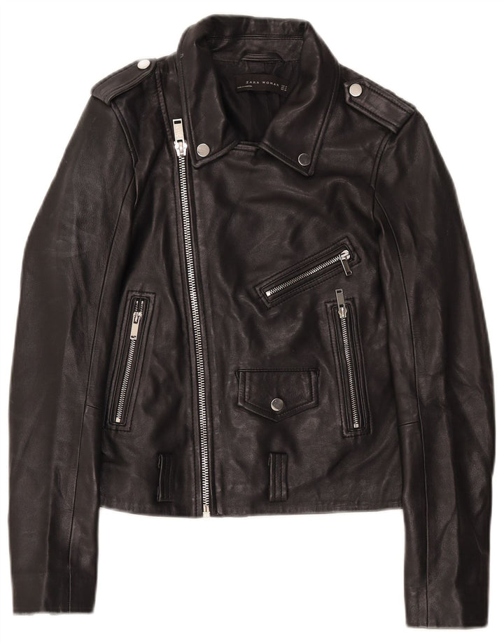 Zara Womens Leather Biker Jacket UK 12 Medium Black