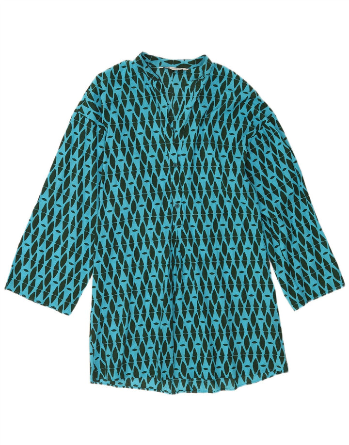 Zara Womens Long Sleeve Shift Dress UK 14 Medium Blue Geometric Cotton