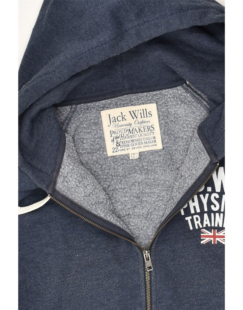 JACK WILLS Womens Graphic Zip Hoodie Sweater UK 12 Medium Navy Blue Cotton | Vintage Jack Wills | Thrift | Second-Hand Jack Wills | Used Clothing | Messina Hembry 