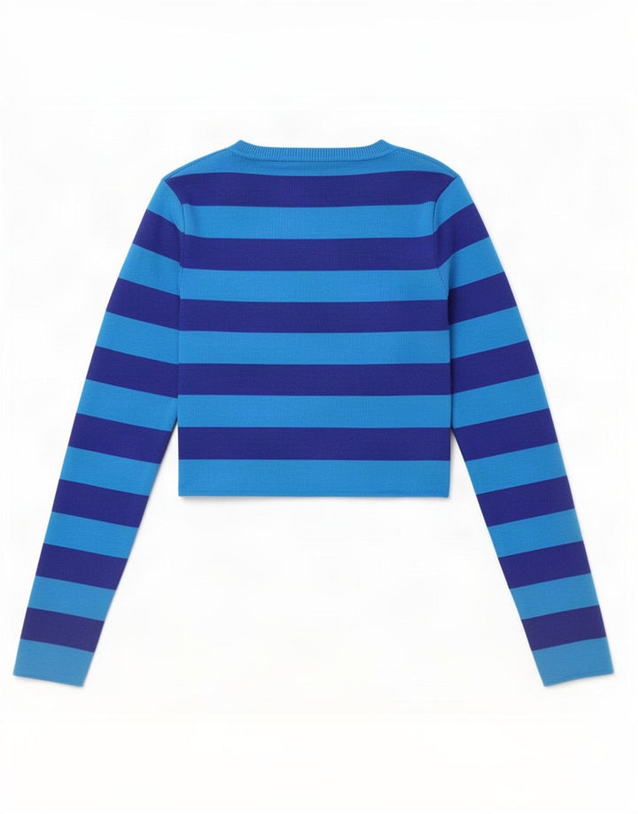 Zara Womens Crop Top Long Sleeve UK 10 Small Blue Striped Viscose