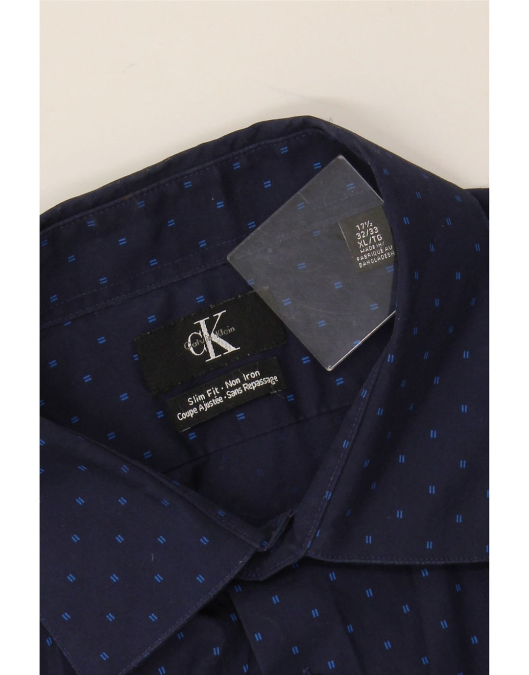 CALVIN KLEIN Mens Slim Fit Shirt Size 17 1/2 XL Navy Blue Spotted Cotton