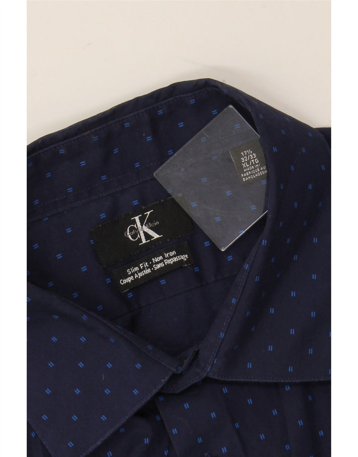 CALVIN KLEIN Mens Slim Fit Shirt Size 17 1/2 XL Navy Blue Spotted Cotton