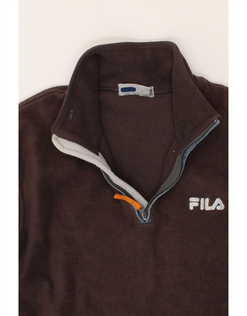 FILA Womens Oversized Zip Neck Fleece Jumper UK 16 Large Brown Colourblock Vintage Fila and Second-Hand Fila from Messina Hembry 