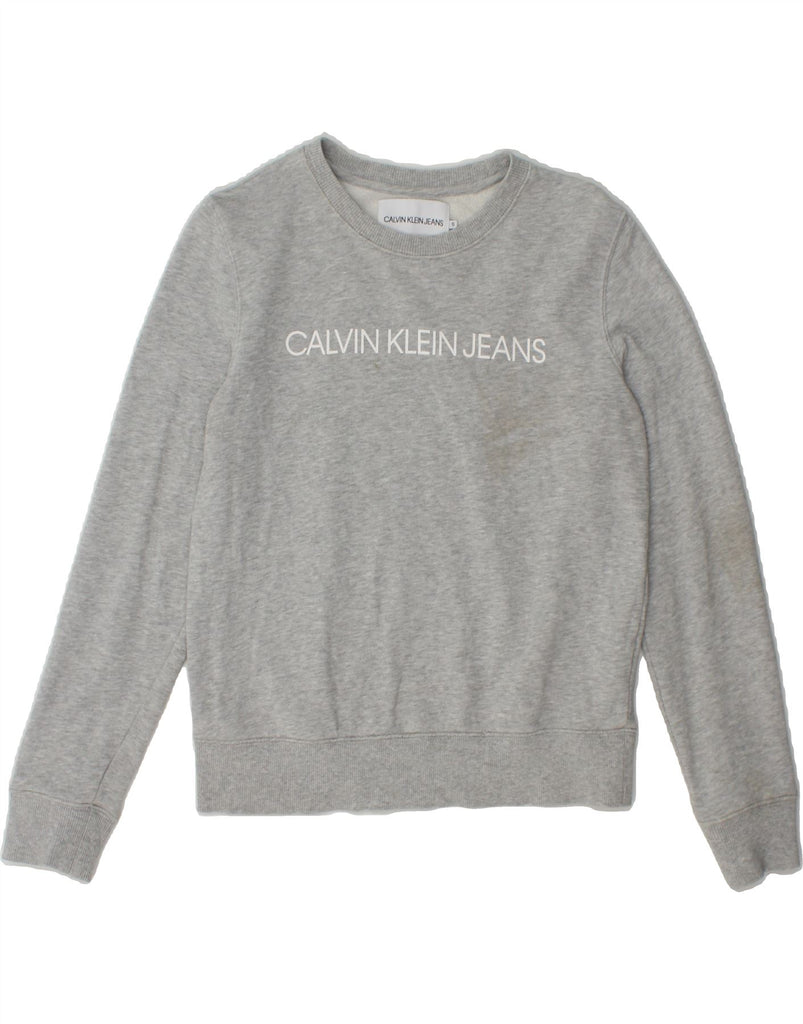CALVIN KLEIN JEANS Womens Graphic Sweatshirt Jumper UK 10 Small Grey Vintage Calvin Klein Jeans and Second-Hand Calvin Klein Jeans from Messina Hembry 