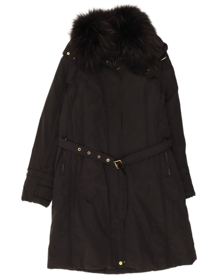 Vintage Womens Hooded Overcoat IT 47 Large Black Polyester