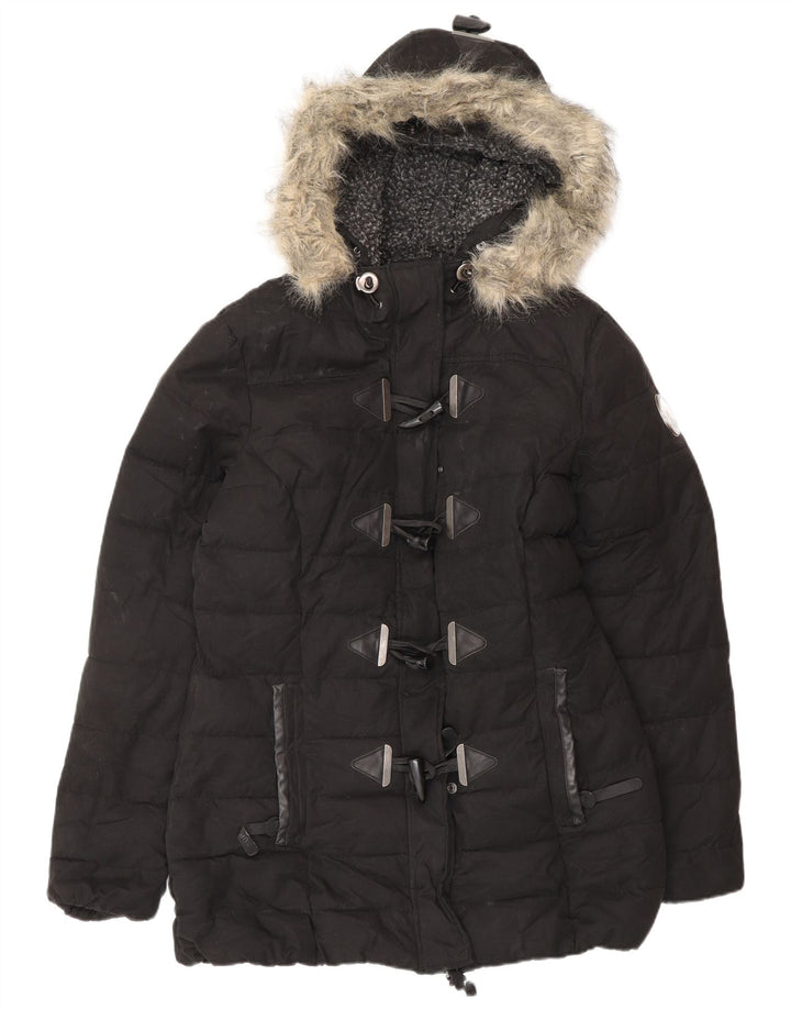 Superdry Womens Padded Hooded Duffle Jacket UK 12 Medium Black Polyester