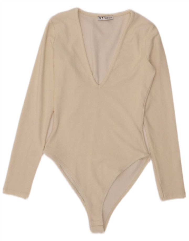 Zara Womens Long Sleeve Bodysuit UK 12 Medium Off White