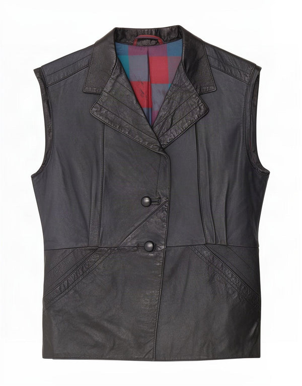 Vintage Womens Leather Gilet UK 14 Medium Black