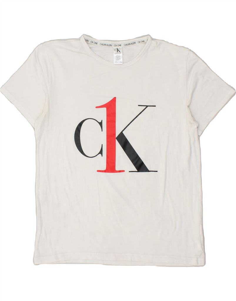 CALVIN KLEIN Womens Loose Fit Graphic T-Shirt Top UK 10 Small White Cotton | Vintage Calvin Klein | Thrift | Second-Hand Calvin Klein | Used Clothing | Messina Hembry 