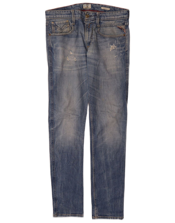 Replay Mens Anbass Distressed Slim Jeans W31 L34 Blue Cotton