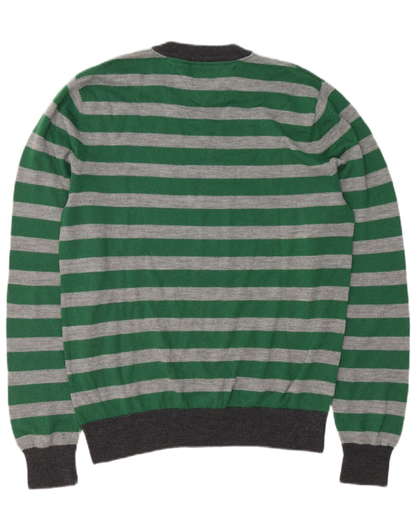 Tommy Hilfiger Mens Crew Neck Jumper Sweater Large Green Striped Wool