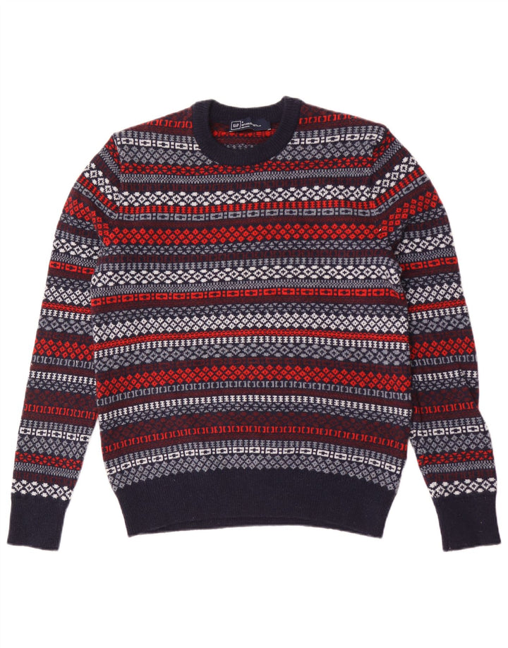 Gap Mens Crew Neck Jumper Sweater Small Navy Blue Geometric Lambswool
