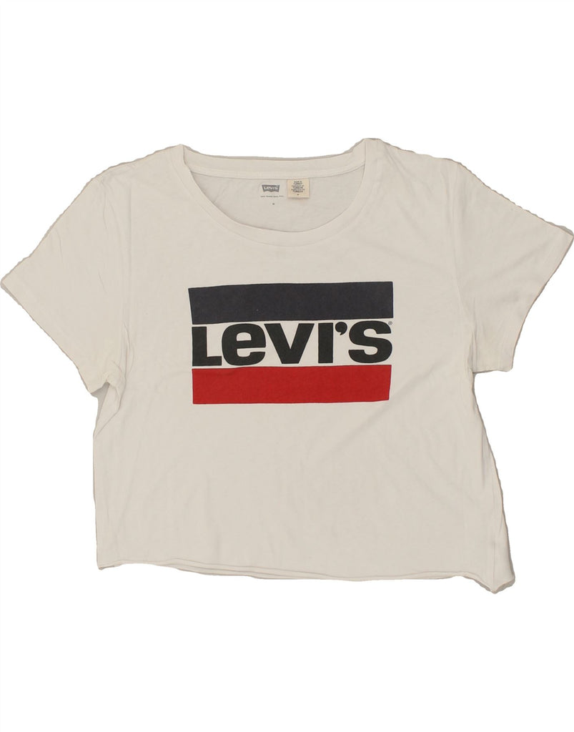 LEVI'S Womens Crop Graphic T-Shirt Top UK 14 Medium White Cotton | Vintage Levi's | Thrift | Second-Hand Levi's | Used Clothing | Messina Hembry 