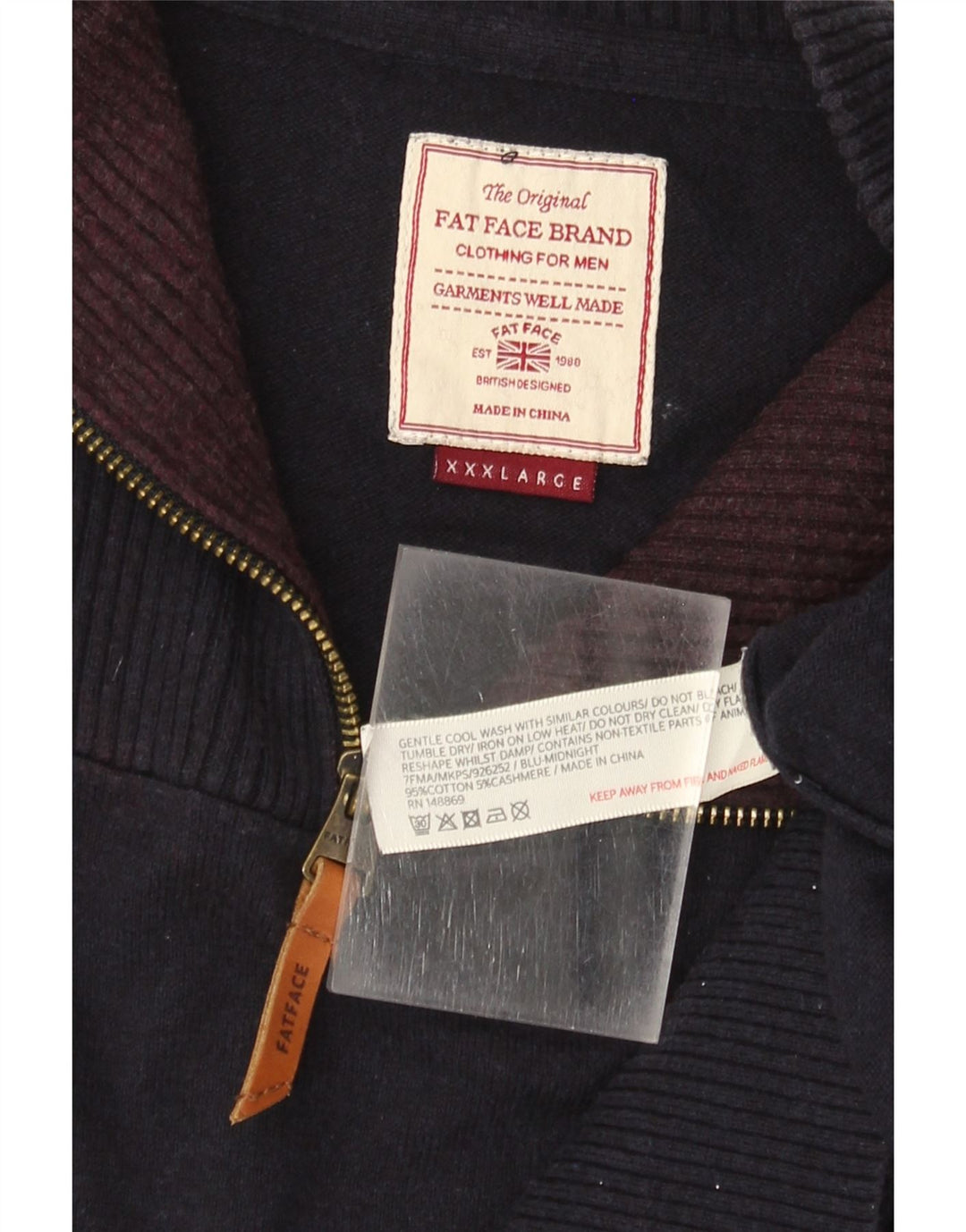 FAT FACE Mens Zip Neck Jumper Sweater 3XL Navy Blue Cotton