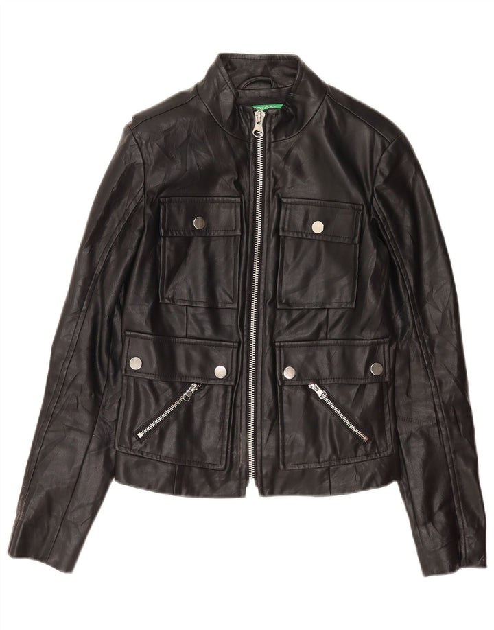 Benetton Womens Faux Leather Jacket UK 8 Small Black Polyester
