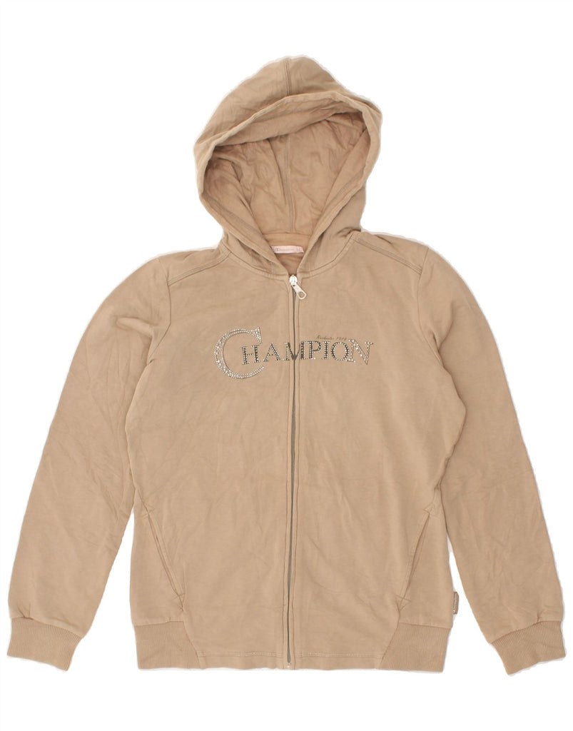 CHAMPION Womens Graphic Zip Hoodie Sweater UK 14 Medium Beige | Vintage Champion | Thrift | Second-Hand Champion | Used Clothing | Messina Hembry 