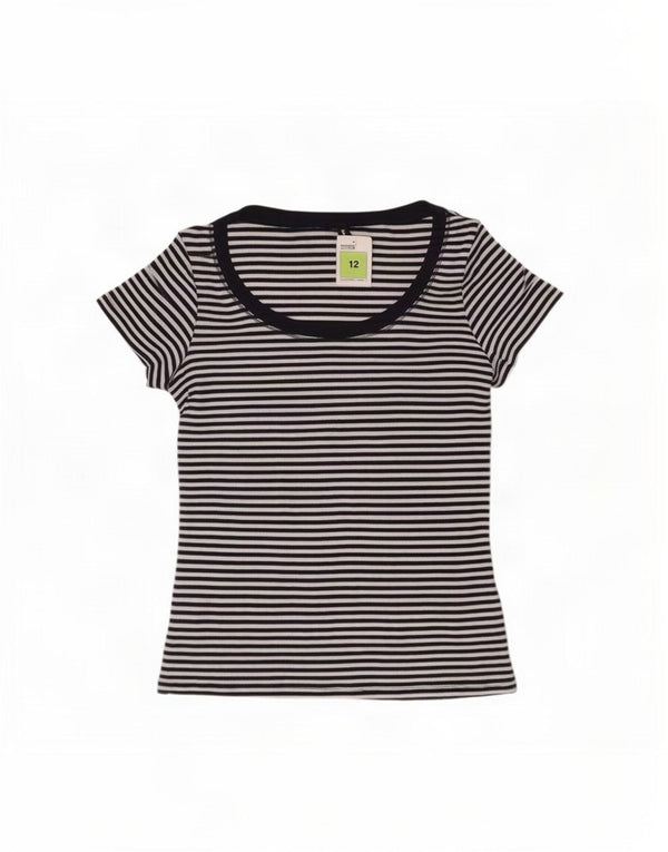 Marks & Spencer Womens T-Shirt Top UK 12 Medium Navy Blue Pinstripe Cotton