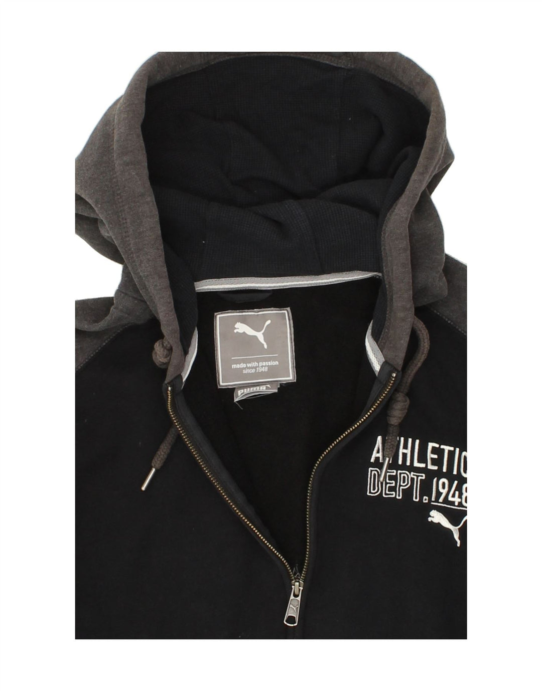 PUMA Mens Graphic Zip Hoodie Sweater Medium Black Colourblock Cotton Vintage Puma and Second-Hand Puma from Messina Hembry 