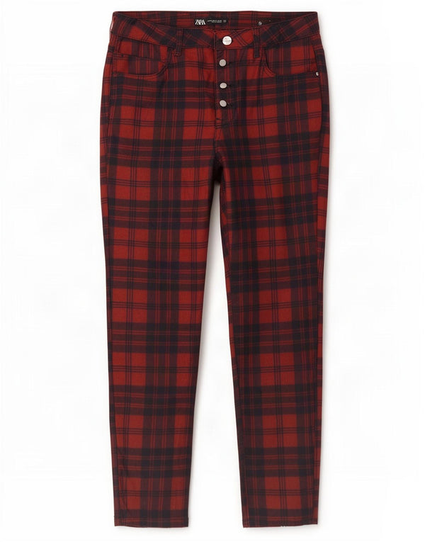 Zara Womens Slim Casual Trousers EU 42 Large W32 L27 Red Plaid Cotton