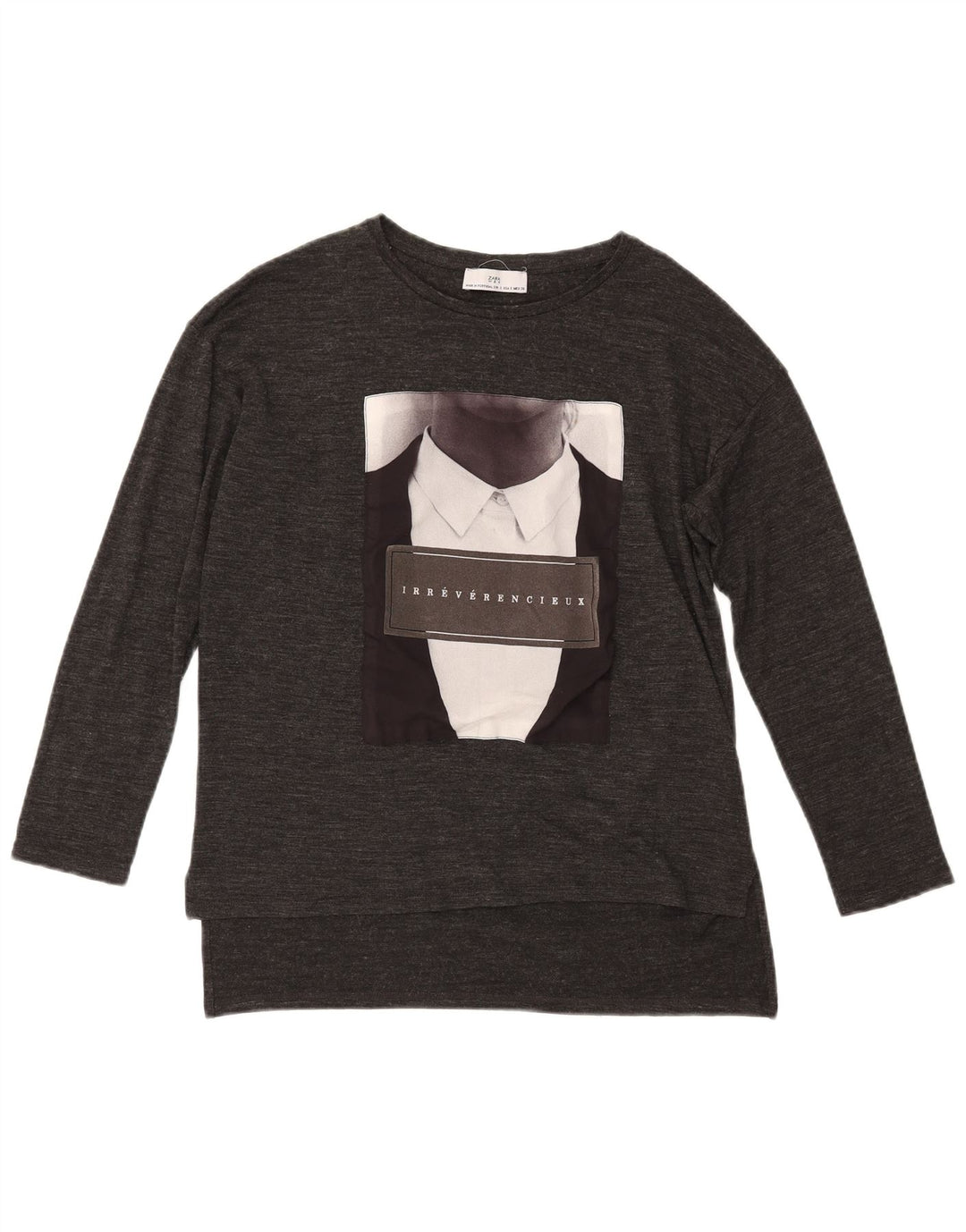 Zara Womens Oversized Graphic Top Long Sleeve UK 10 Small Grey