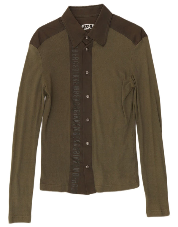 Bikkembergs Mens Graphic Shirt Medium Khaki Colourblock Cotton