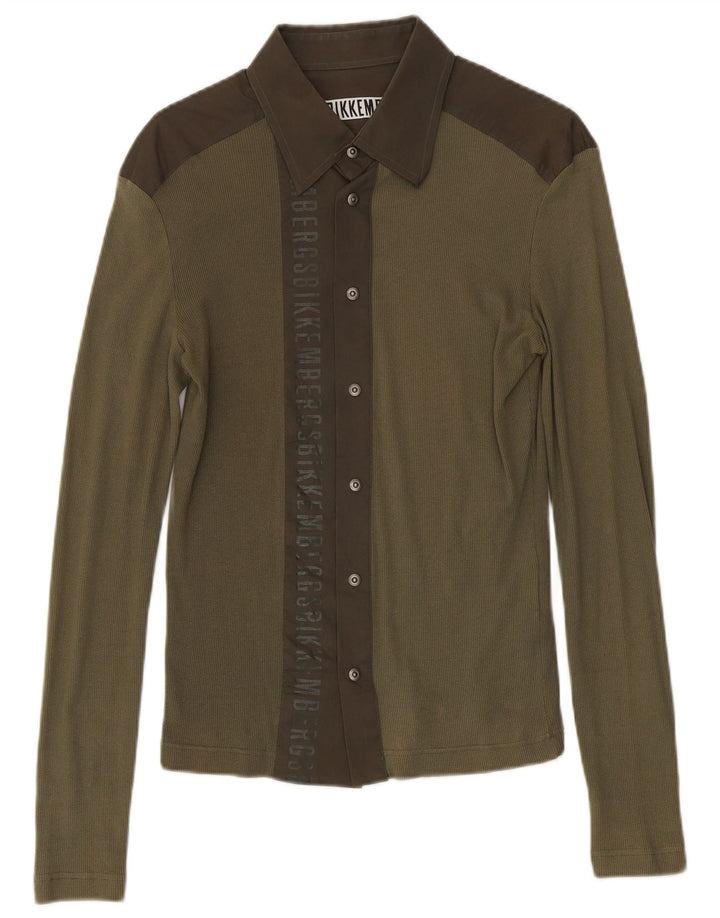 Bikkembergs Mens Graphic Shirt Medium Khaki Colourblock Cotton